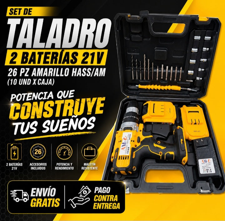 SET DE TALADRO 2 BATERIAS 21 V 26 PZ AMARILLO HASS/ AM (10 UND X CAJA)