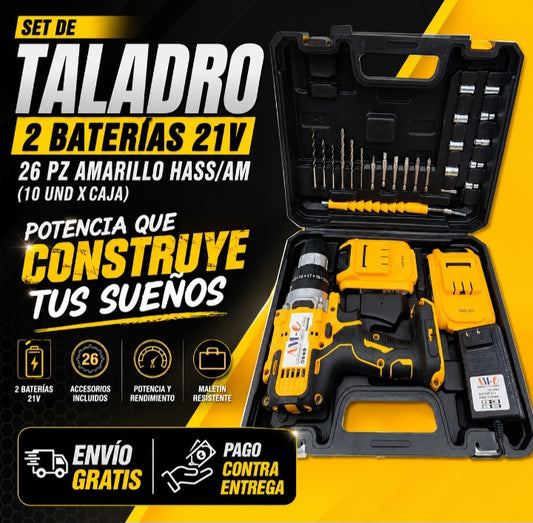 SET DE TALADRO 2 BATERIAS 21 V 26 PZ AMARILLO HASS/ AM (10 UND X CAJA)